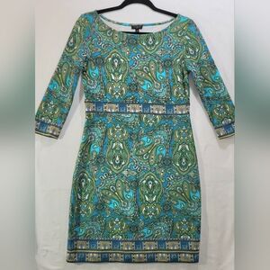 TALBOTS Petite 6P Paisley Knit Shift Dress Ponte Stretch Greens & Blues Knee‎